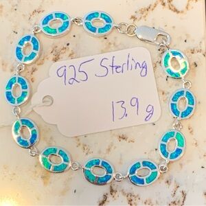 925 sterling silver 7.5” donut link bracelet reversible blue & white opal inlay